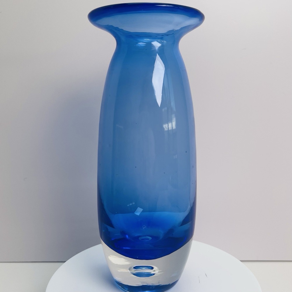 Cobalt Blue Clear Bottom Glass Vase Hand Blown Controlled Bubble VIDEO - Picture 2 of 7